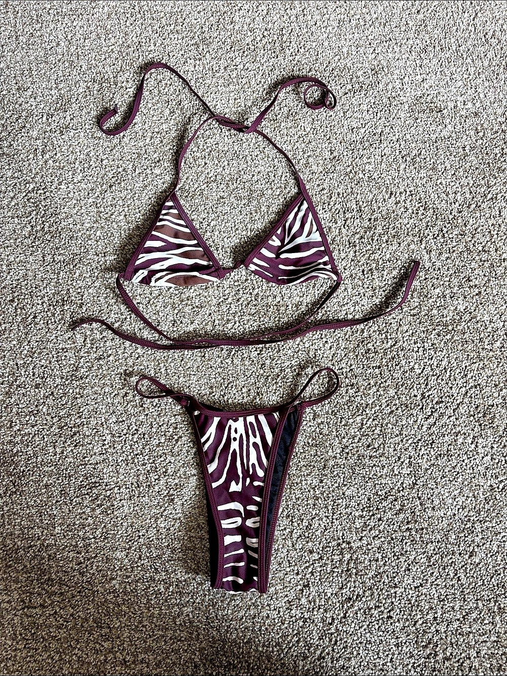 Shade & Shore Zebra Print Beaded Halter Triangle Bikini Top & Bottom Set